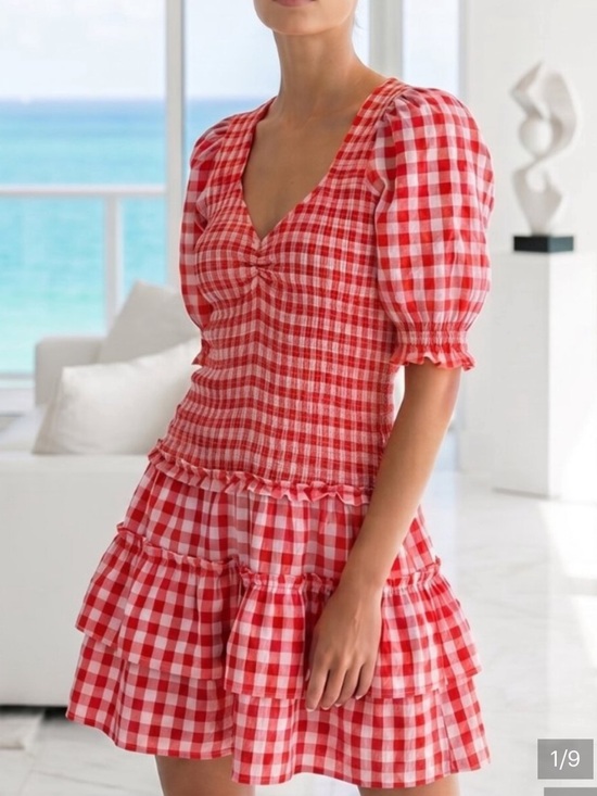 Caroline Constas Dresses & Skirts - NWT Caroline Constas Red Gingham Tiered Mini Dress with Puff Sleeves Size Med